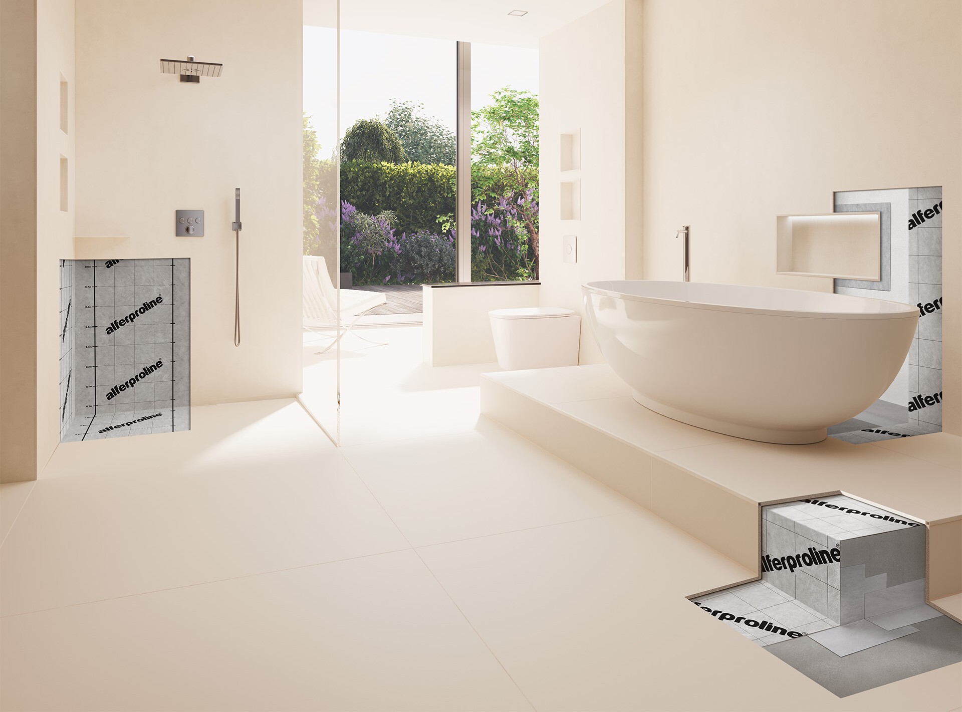 Modernes Badezimmer mit alferproline Abdichtungssystemen unter Fliesen an Dusche, Wanne und Boden.